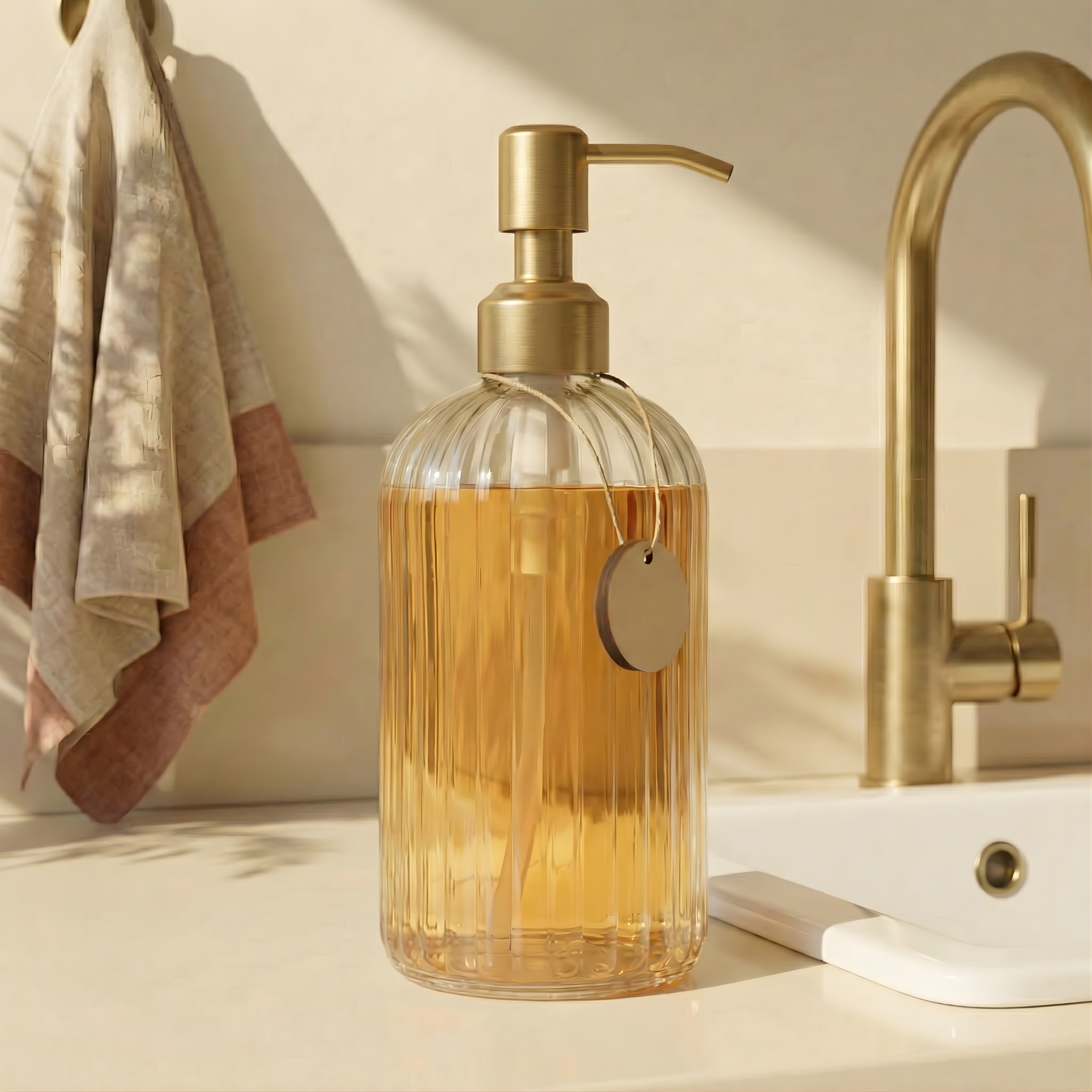 14oz Fluted Glass Bottle - Brass Pump