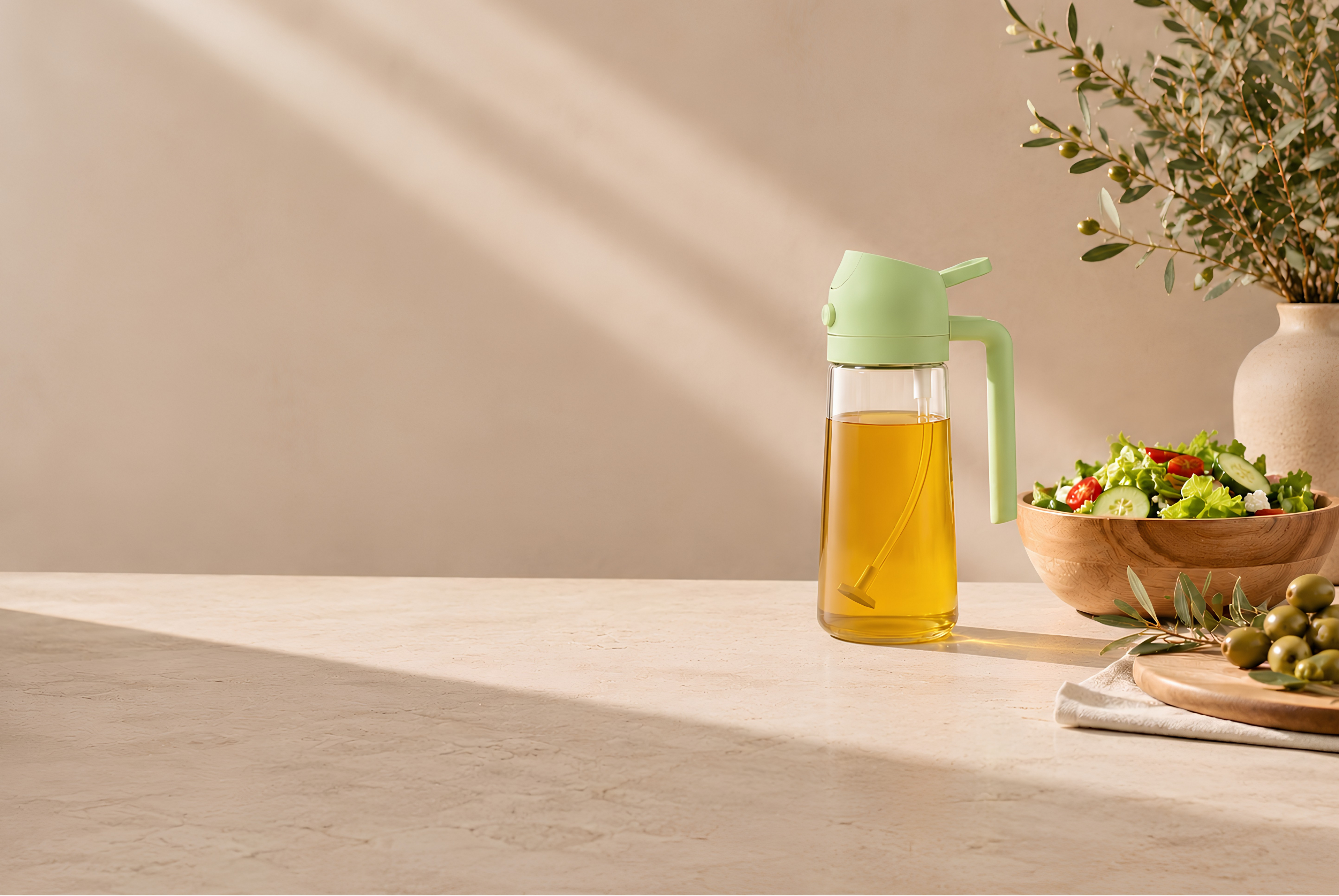 Green oil dispenser with olive oil on a wooden table with a salad and olives.