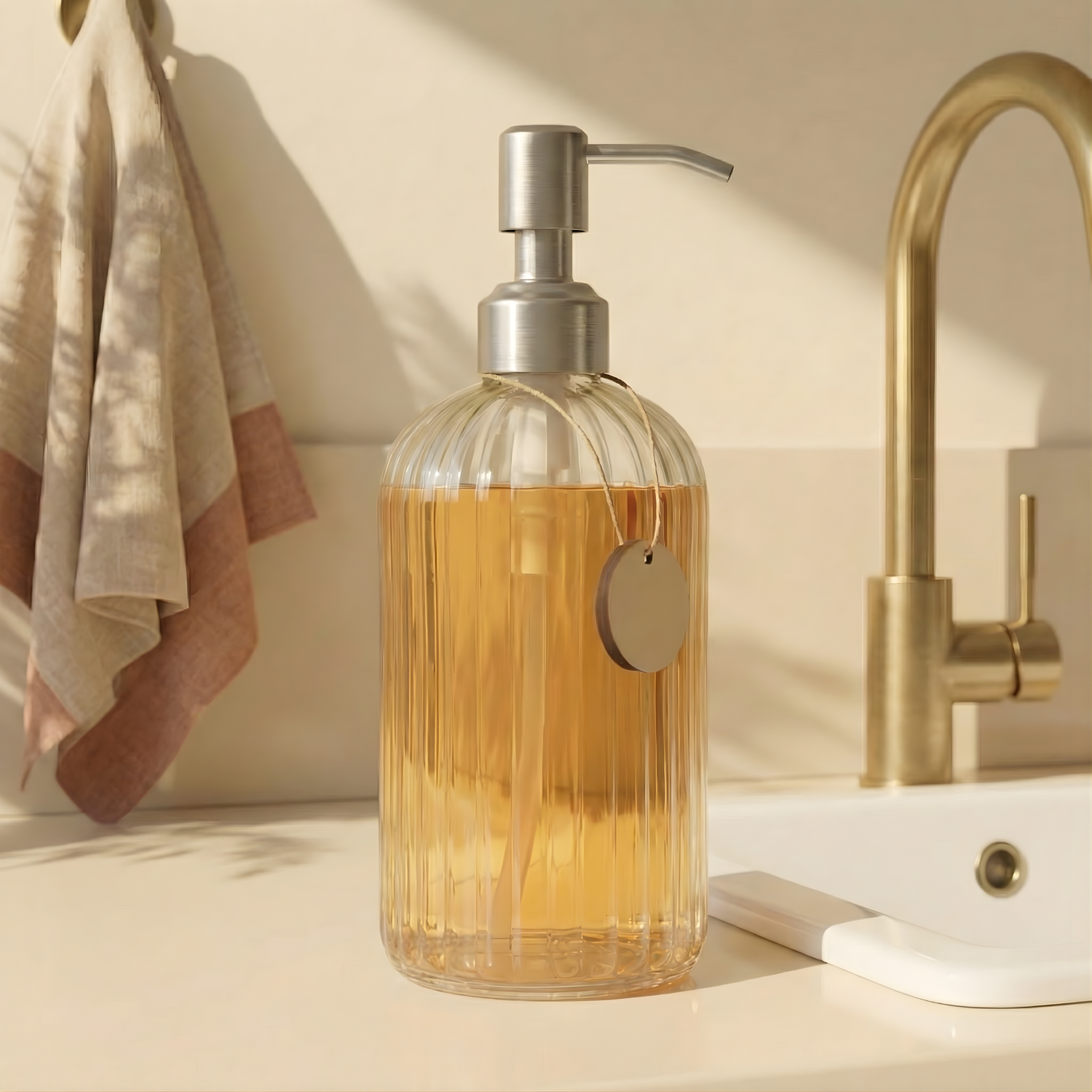 14oz Fluted Glass Bottle - Stainless Pump