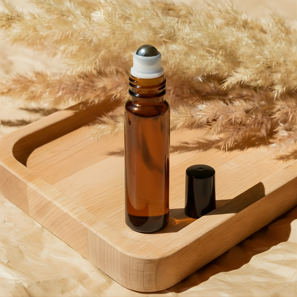 Amber roller bottle on wooden tray with pampas grass