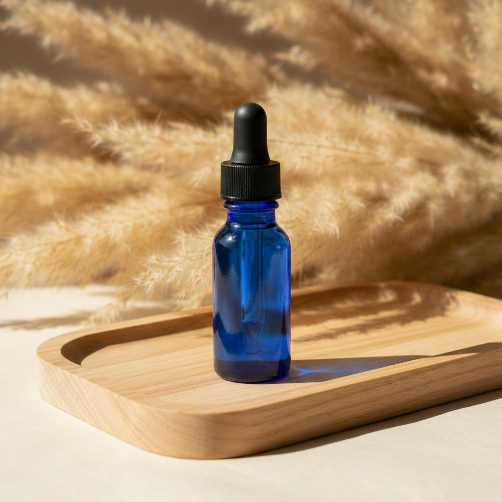 Blue dropper bottle on wooden tray with pampas grass