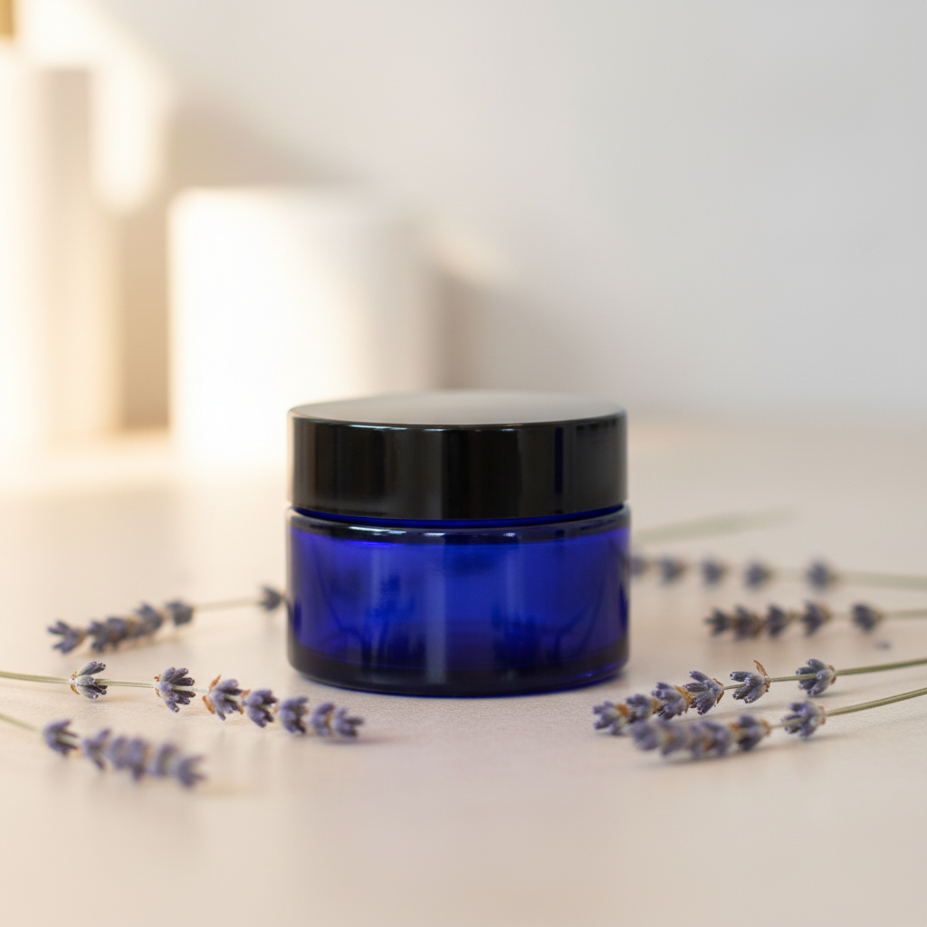 Blue jar product photo in spa setting