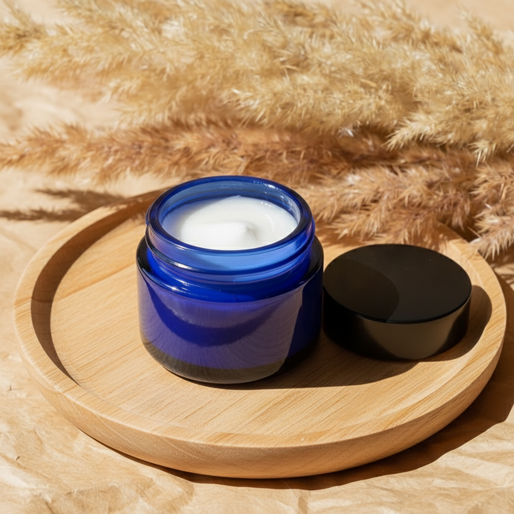 Blue jar with lid on wooden tray with pampas grass