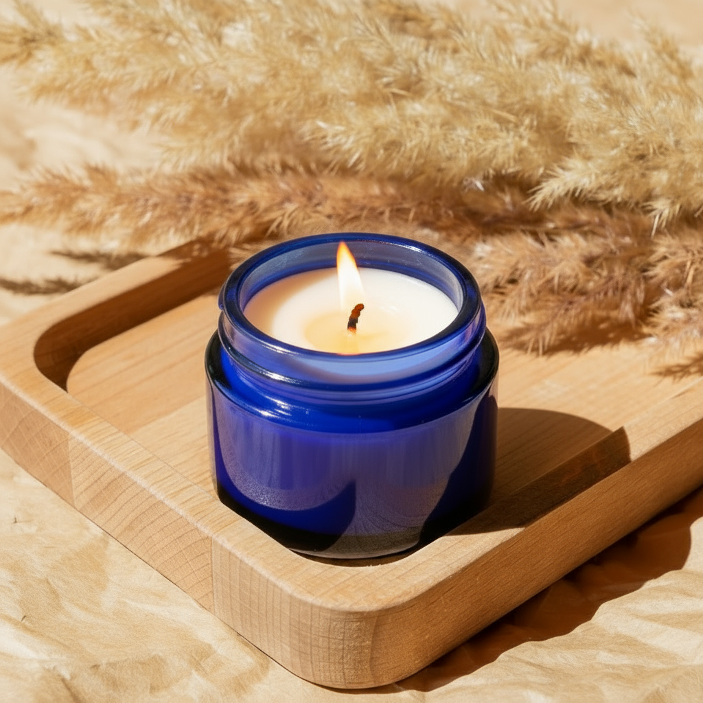 Blue jar with lit candle on wooden tray with pampas grass