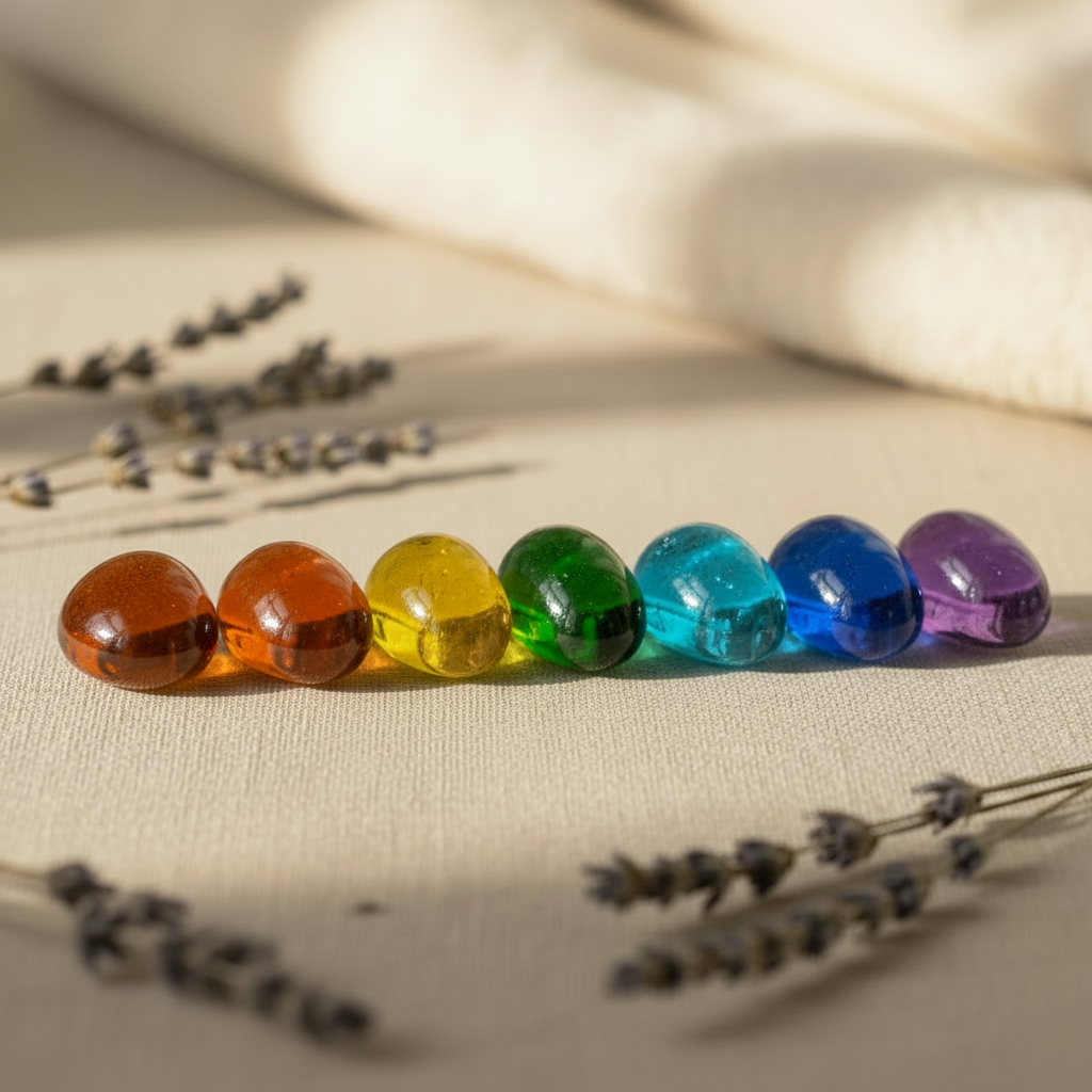 Chakra glass pieces on spa background