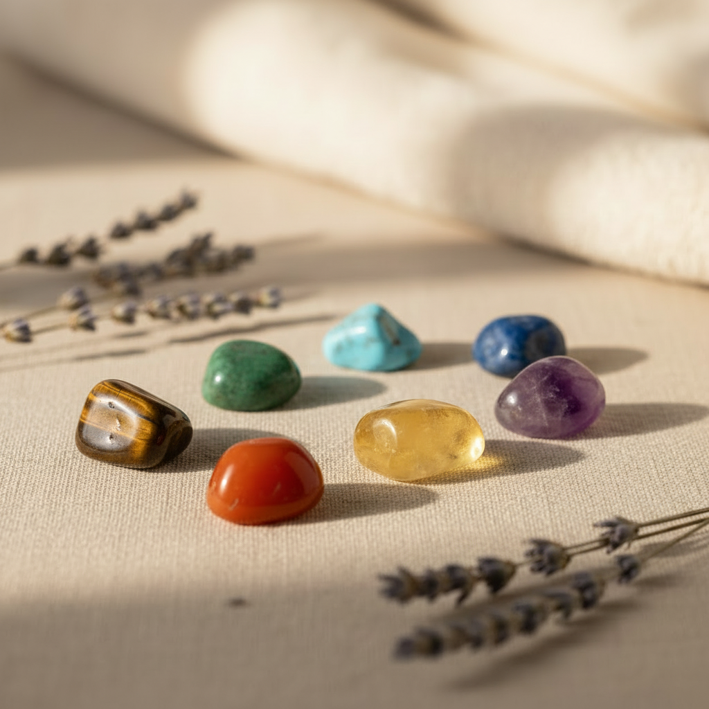 Chakra stones with tiger's eye on spa background