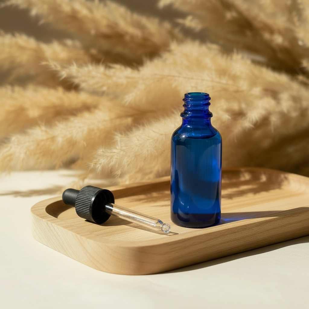 Cobalt blue bottle with dropper laying on tray