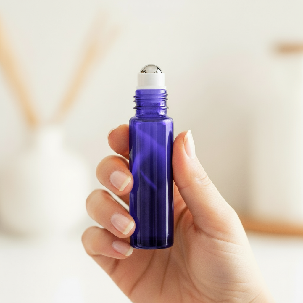 Dark blue/purple roller bottle held in hand