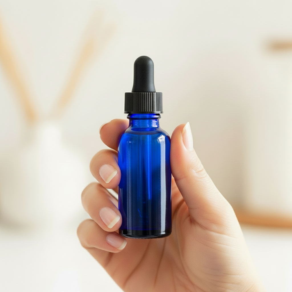 Hand holding 1oz dropper bottle