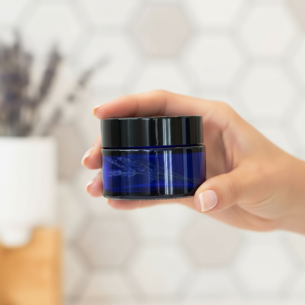 Hand holding smaller blue jar