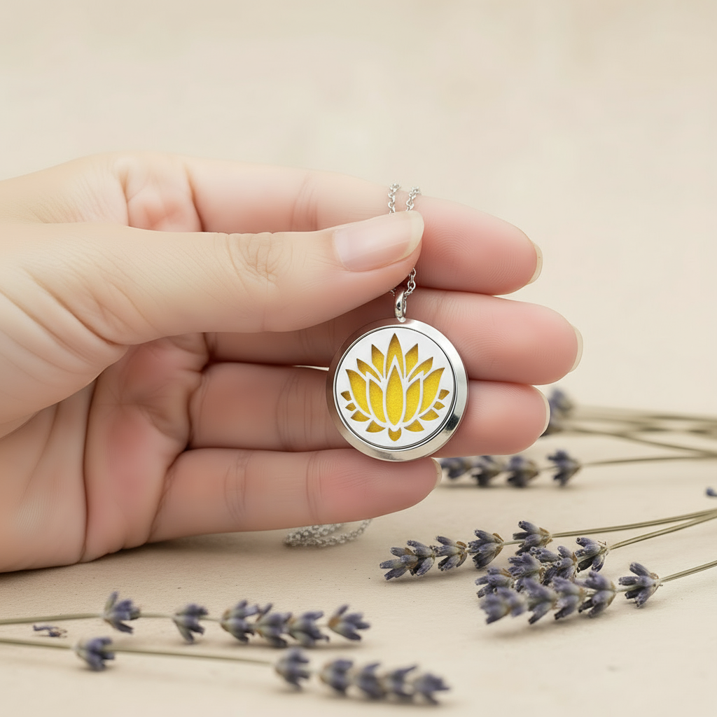 Hand holding yellow lotus necklace
