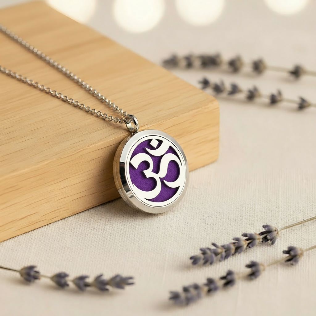Om Necklace on Wooden Block