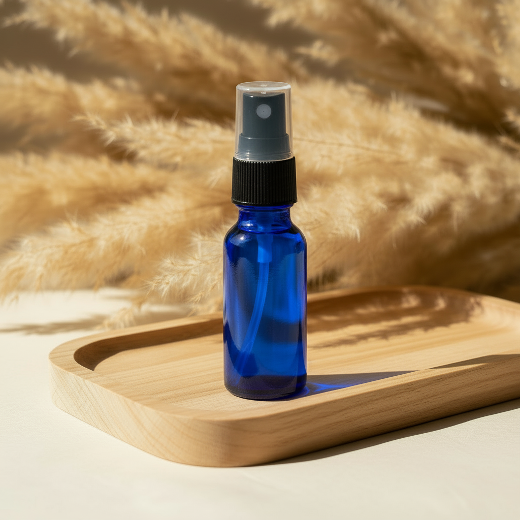 Spray bottle on wooden tray