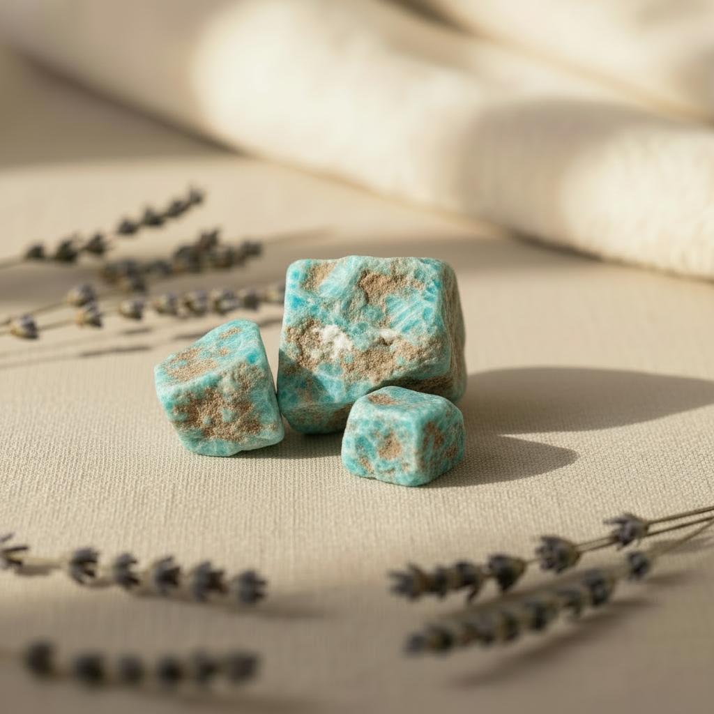 Three amazonite rocks on spa background