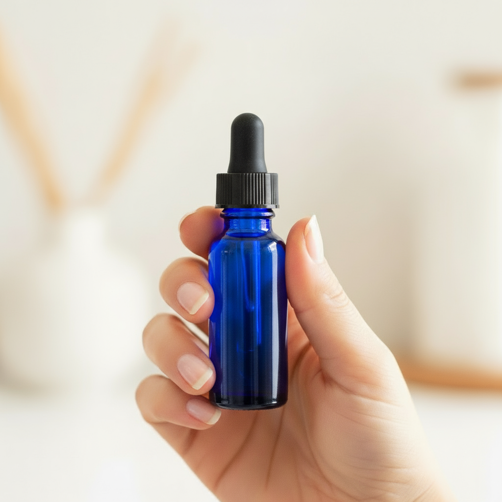 Woman holding smaller blue dropper bottle