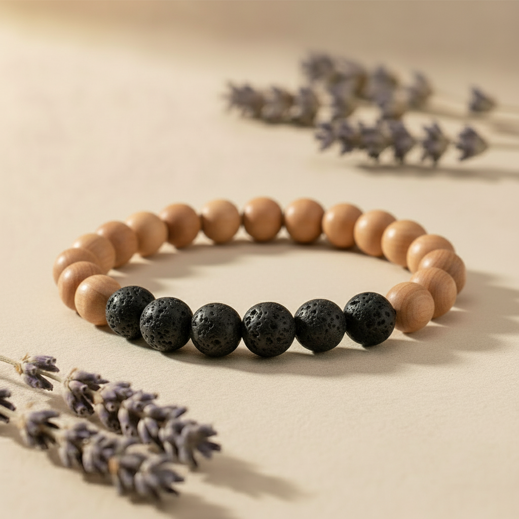 Wood and lava stone bracelet in spa setting
